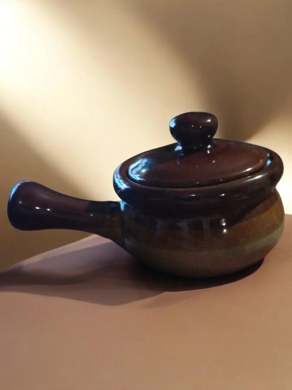 Glazed Ceramic Covered Saucepan in Brown and Olive